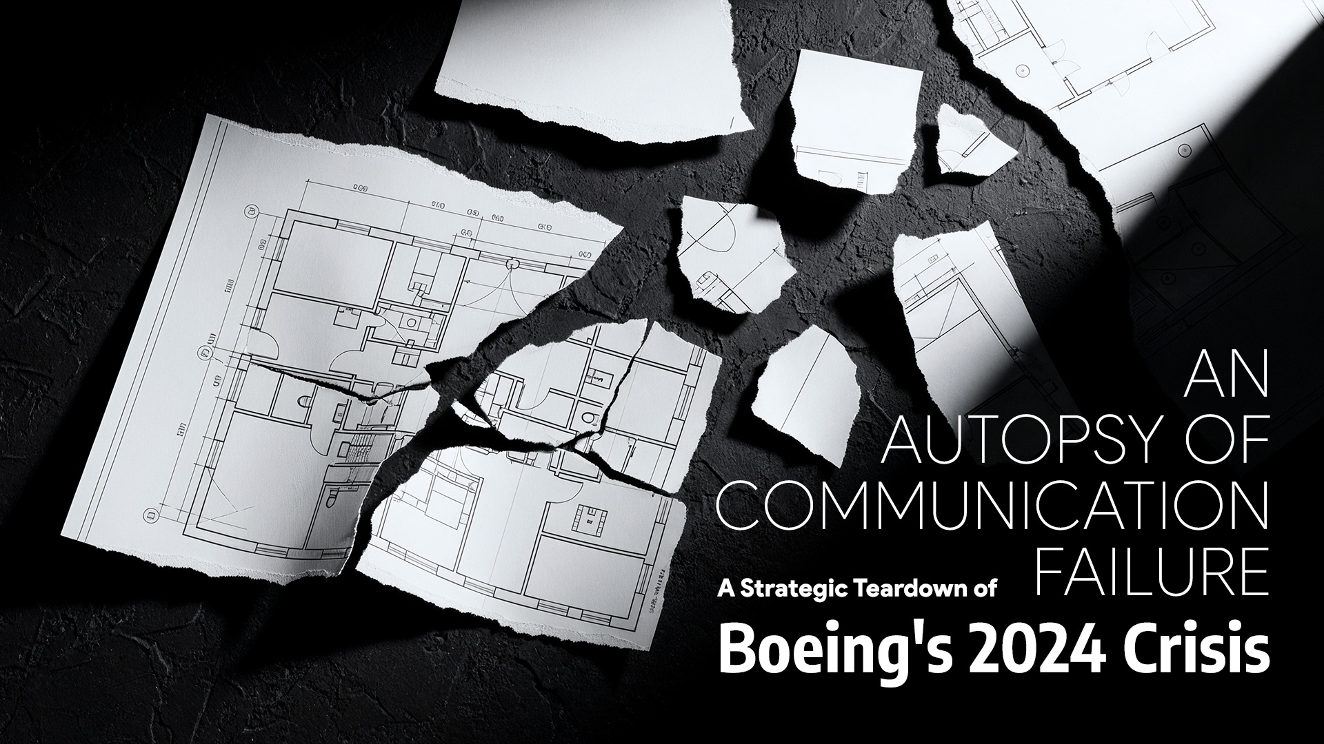 A black and white photo of a torn architectural blueprint, shattered into pieces on a dark surface, symbolizing a strategic communication failure.