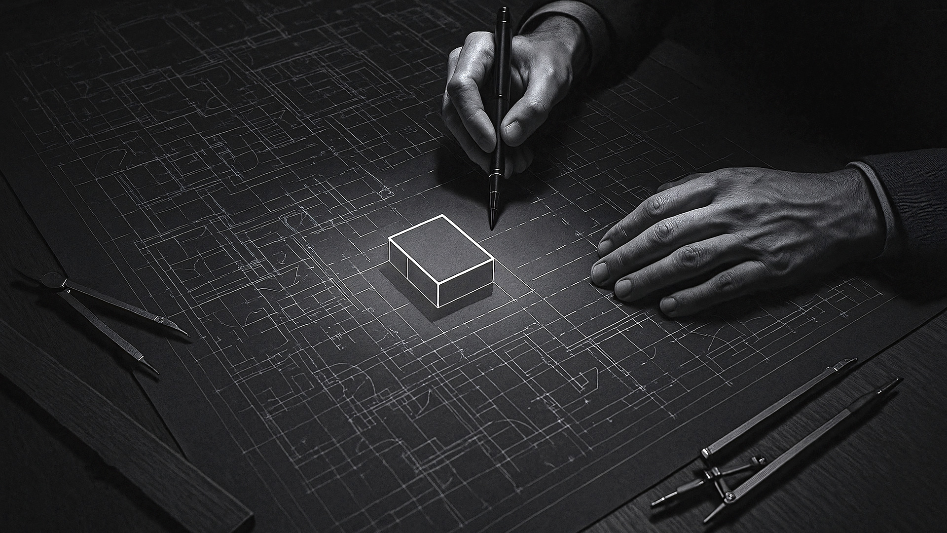 A cinematic black and white image of an architect's hands engineering a simple, clear structure on a complex blueprint, symbolizing the 