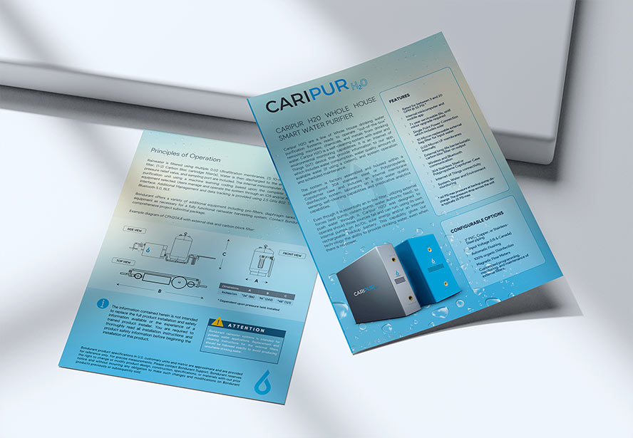 Bondurant Technologies CARIPUR H2O Flyer – Impactful visual presentation highlighting smart water purification solutions.