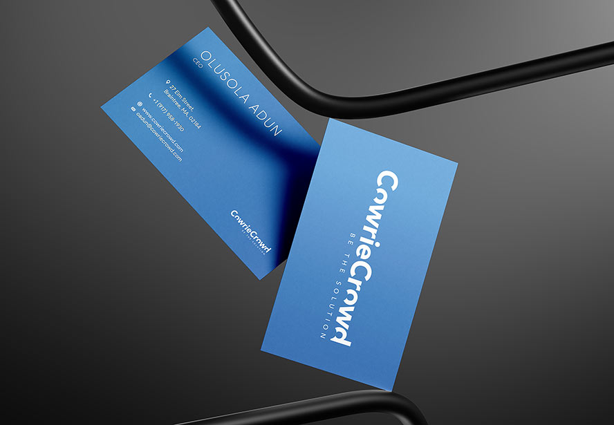 Cowriecrowd Business Card – Sleek and professional design displayed over a dark background, emphasizing brand sophistication.