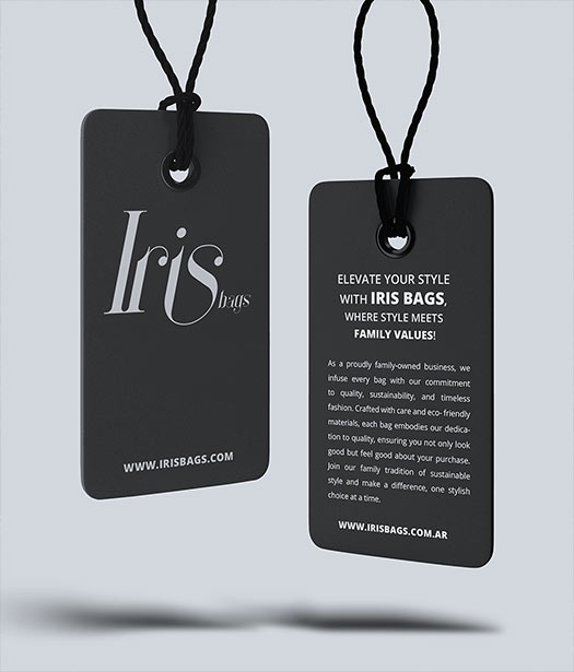 IRIS Bags Black Labels – Dual-sided black label design set against a light background, enhancing clarity and professional appeal.
