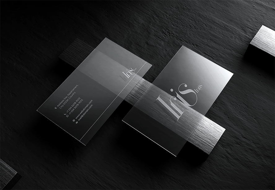 IRIS Bags Transparent Business Card – A sleek, two-sided design displayed against a dark background, reinforcing sophistication and clarity.
