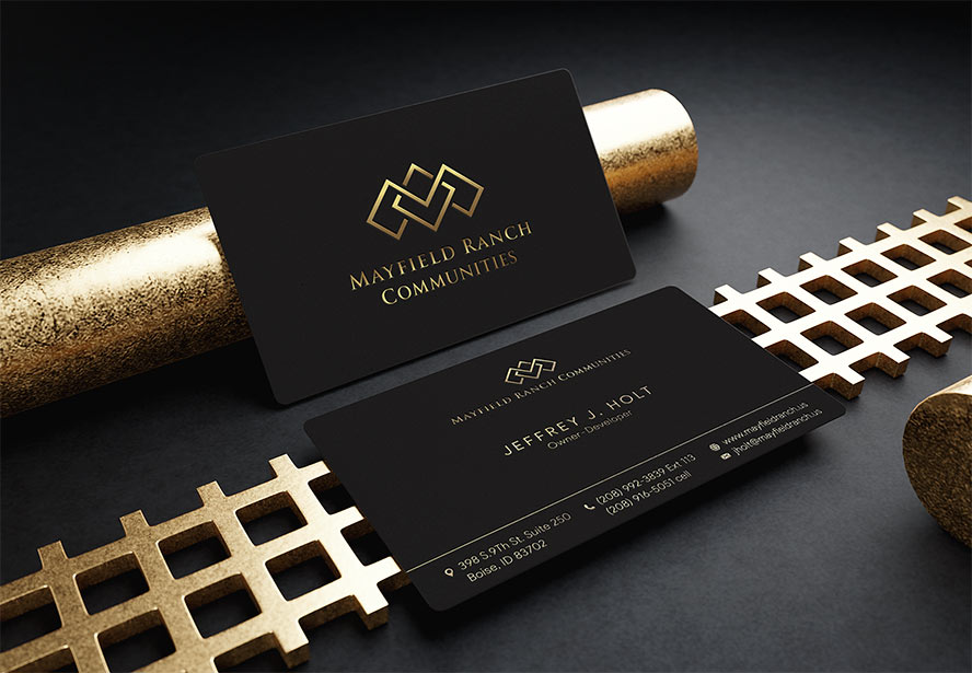 Mayfield Ranch Business Card – A premium, double-sided design displayed with gold elements on a black background, emphasizing prestige and refinement.