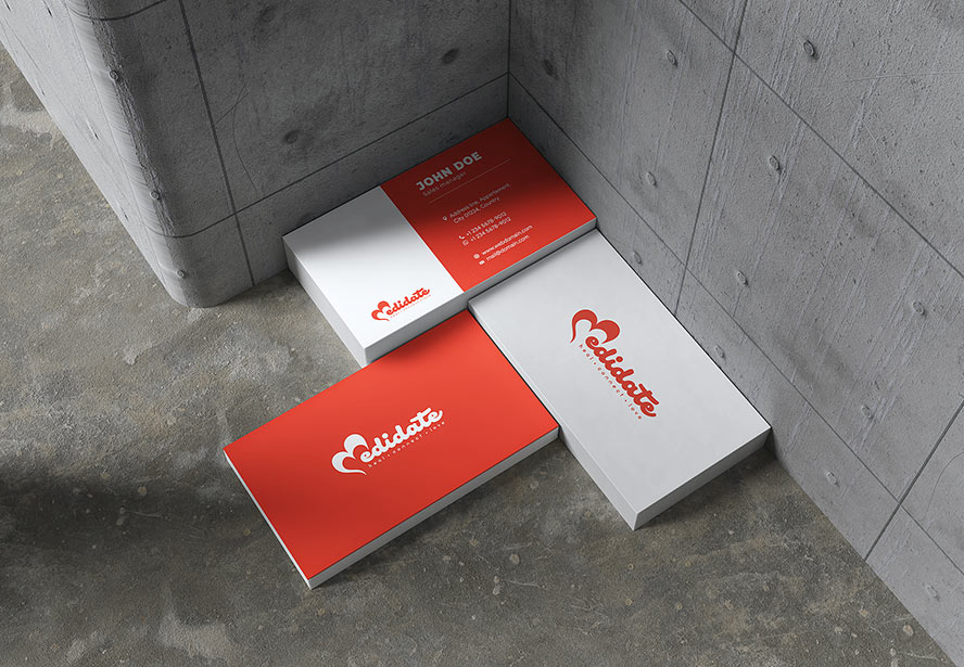 Medidate Business Card – Dual-tone front and back designs displayed on a concrete background, highlighting bold color contrast and modern branding.