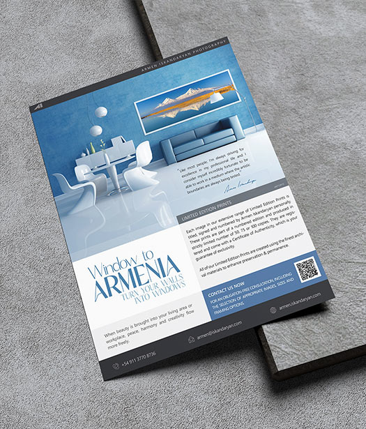 Window to Armenia – Panoramic print of Mountain Ararat’s reflection in blue tones, presented in a contemporary interior setting.