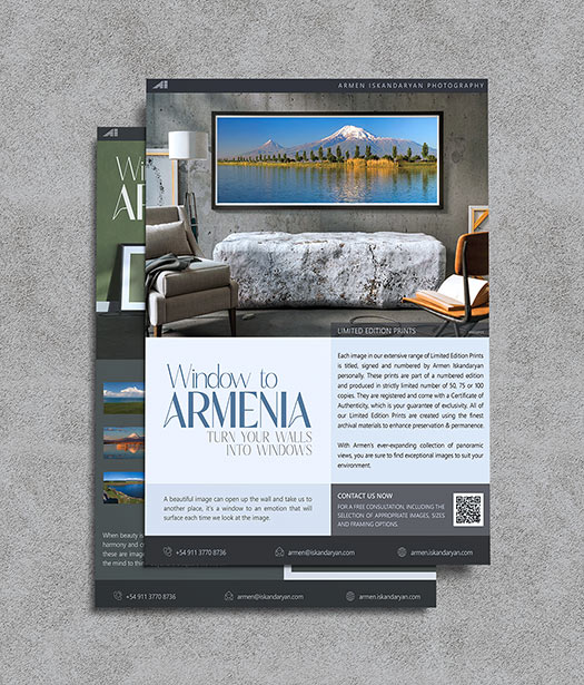 Window to Armenia – Artistic flyer composition showcasing tree reflections over Mountain Ararat, set in a natural stone-themed interior.